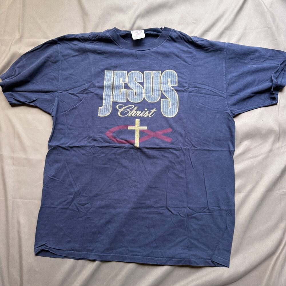Vintage Christian Shirt XL Blue Jesus Christ Church Faith Cross Fish USA
